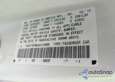 2010 Honda Accord 3.5 Ex-L z USA, uszkodzony, nr VIN 1HGCP3F86AA016885